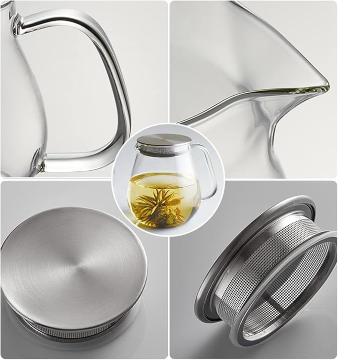 IwaiLoft Glass Teapot with Removable Stainless Steel Filter Lid Stovetop & Microwave Safe Borosilicate Glass Kettle for Loose Leaf, Blooming Tea And Coffee Sharing (24OZ) - Bloomnest