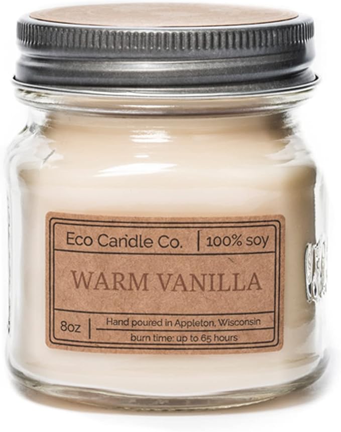 ECO CANDLE CO. Mason Jar Candle, Warm Vanilla, 8 oz. - Scents of Rich Vanilla - 100% Soy Wax, No Lead, Kraft Label & Antiqued Pewter Lid, Hand Poured, Phthalate Free, Made from Midwest Grown Soybeans - Bloomnest