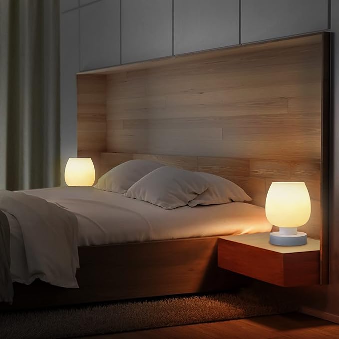 Touch Bedside Table Lamp Set of 2 - Small Modern Table Lamp for Bedroom Living Room Nightstand, 3-Way Dimable Desk lamp with White Opal Glass Lamp Shade, 2700K LED Bulb, Simple Design Home Decor - Bloomnest