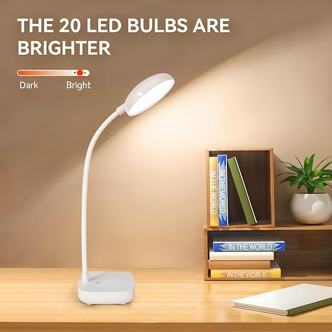 Small Battery Powered Desk Lamp,Wireless Portable Reading & Office Lamp,400LM Rechargeable LED Light,3 Colors (White/Warm White/Warm),360°Gooseneck Hose,Adjustable brightness,20 LED for Bedroom & Desk - Bloomnest