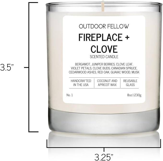 Outdoor Fellow Fireplace and Clove Scented Candle, 8oz, Coconut & Apricot Wax Blend, Bergamot, Clove Buds, Cedarwood, Reusable Glass, 40-50 Hour Burn Time - Bloomnest