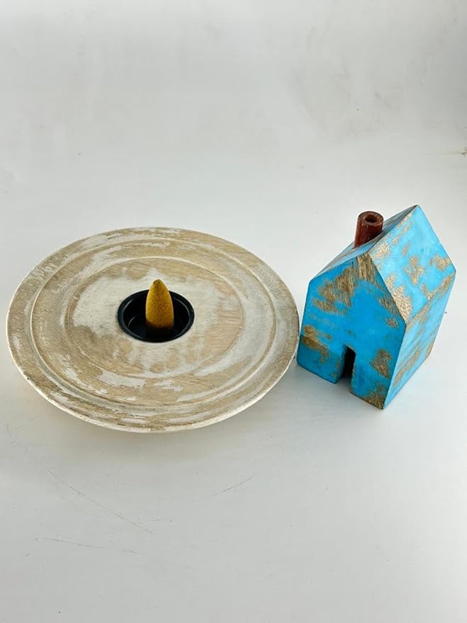S.B ARTS Incense Holder for Sticks, Insence Stick Holder Ash Catcher for Table Decorations and Gifting - Wooden Incense Tray for Sticks - Home Decor Gifts (Blue Hut) - Bloomnest