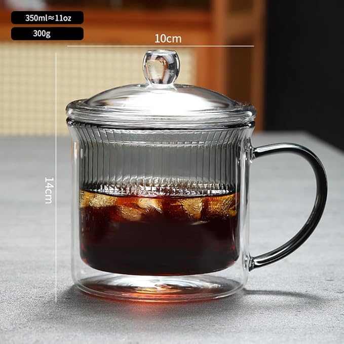 11OZ Double Walled Coffee Mugs Glass with Lid Handles,Cups for Latte,Hot Tea,Cappuccino, Mocha,Cocoa,Hot & Cold Beverages Glasses Heat Resistant Coffee Cups - Bloomnest