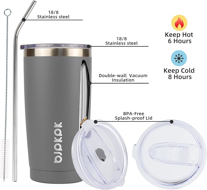 BJPKPK 20 oz Insulated Tumbler With Lid And Straw Stainless Steel Tumblers Coffee Mug Thermal Cup For Women And Men,Gray - Bloomnest