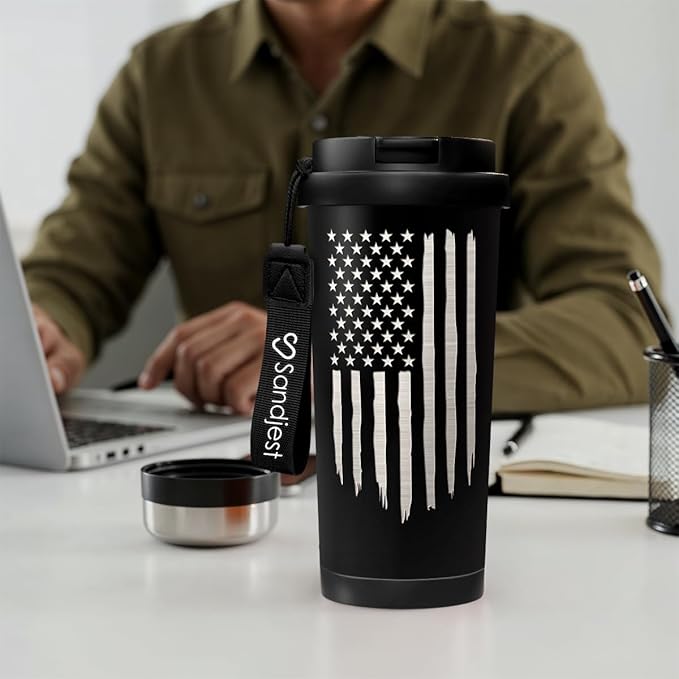 American Flag Tumbler - Stainless Steel 2-in-1 Lid Coffee Tumbler 18 oz, Patriotic Insulated Travel Mug Gift for Men Husband Dad, Birthday Christmas - Bloomnest