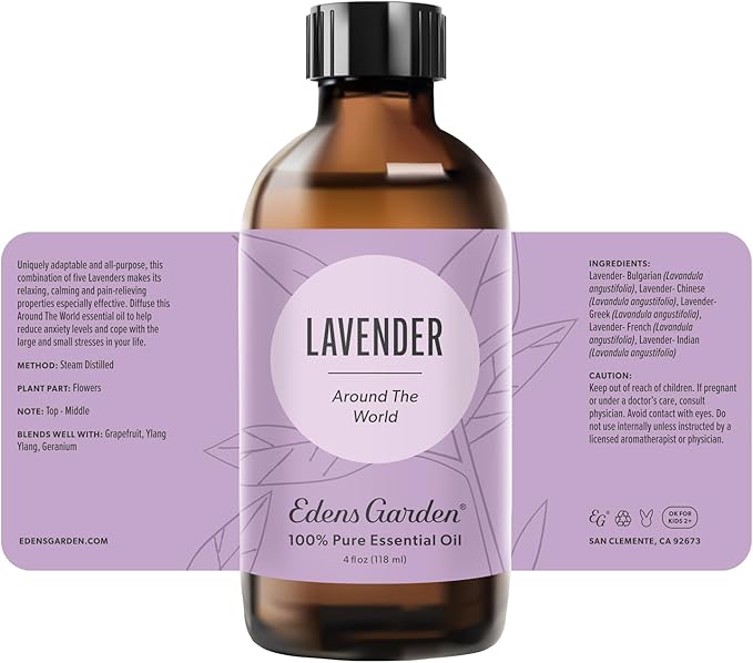 Edens Garden Lavender Around The World Essential Oil- 100% Pure Premium Grade, Undiluted, Natural, Therapeutic, Aromatherapy, The Best for Diffuser, Skin, Face, Candle 118 ml (4 fl oz) EdensGarden