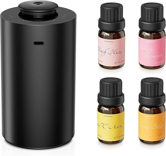 Airversa Waterless Essential Oil Diffuser Starter Kit with 4 x 10mL Fragrance Scent Oil, Battery Operated Mini Scent Air Machine Portable Diffuser for Home Car Office, ANX Black Kit01 - Bloomnest