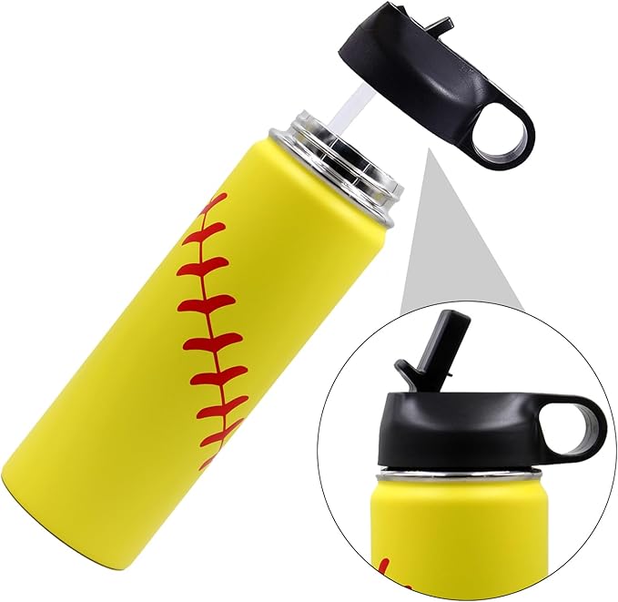 22 oz Softball Water Bottle, Wide Mouth Sports Flask Metal Travel Tumbler with 2 Lids, Stainless Steel Double Wall Vacuum Insulated Leak Proof Thermo Water Bottles, Softball Stuff Gifts for Mom Girls - Bloomnest