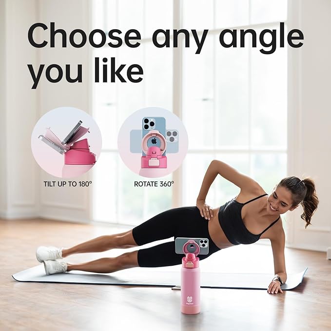 Insulated Magnetic Water Bottle - Reusable Stainless Steel Bottle with MagSafe Compatible Phone Holder - Keeps Cold for 24 Hours - Perfect for Gym, Sports, and Travel - Pink 32oz Magcheer