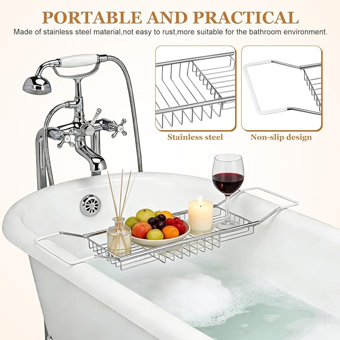 Cabilock Bathtub Tray - Stainless Steel Bathtub Caddy, Expandable Extra Wide Bath Tub Organizer, Rust-Resistant Over The Tub Shelf Rack with Non-Slip Grips for Phone Book Wine Glass, Silver - Bloomnest