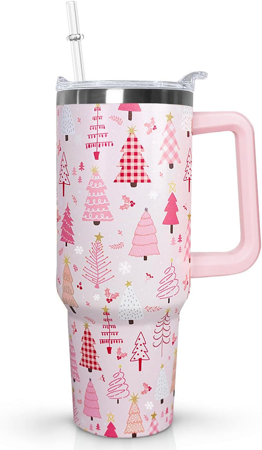 Ceovfoi 40 Oz Pink Christmas Tree Tumbler With Handle,Christmas Tree Coffee Travel Mug Cup,Christmas Decor,Christmas Gifts for Women