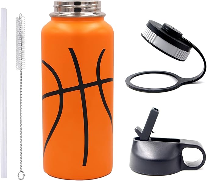 32 oz Basketball Water Bottle, Wide Mouth Sports Flask Metal Travel Tumbler with 2 Lids, Stainless Steel Double Wall Vacuum Insulated Thermo Water Bottles, Basketball Accessories Gifts for Boys Girls - Bloomnest