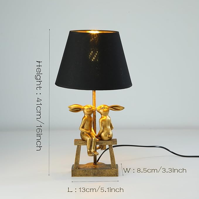 Kissing Bunny Lamp,H16ins Resin Gold Rabbit Table Lamp,Bedroom Bunny Night Light, Energy Efficient Nightstand Lamp,as Present for Belover (Small Black Shade) - Bloomnest