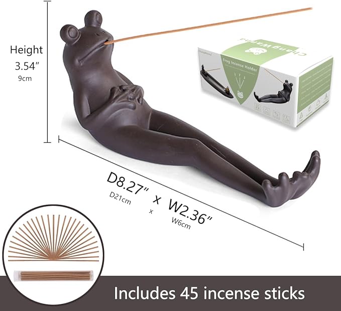 ChangWanna Frog Incense Stick Holder - Ceramic Insence Burner Ash Catcher, Insense Stand with 45 Sandalwood Sticks, Ornament for Aromatherapy/Yoga/Meditation/Home Living Room Office Decor