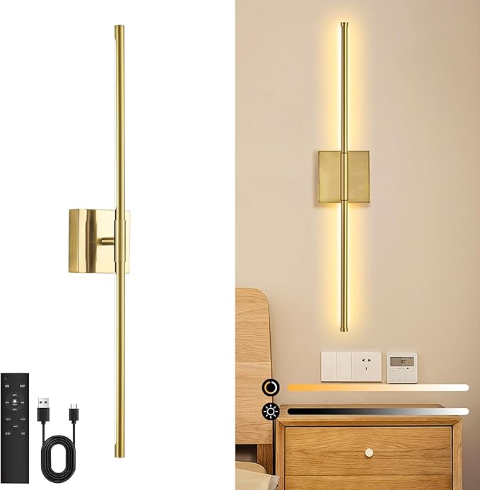Wall Sconces Battery Operated, Wall Sconces 3000K-6000K Dimmable Rechargeable Wall Sconce with Remote Control, 350°Rotate LED Wireless Wall Lights for Living Room, Hallway, Bedroom (Gold) - Bloomnest