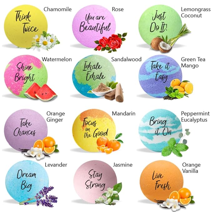 Bath Bombs for Women Relaxing with Inspirational Messages, 12 Natural and Organic Bath Bombs with Essential Oils & Skin Moisturizing Shea Butter. Stocking Stuffers Christmas Gifts for Wife Girlfriend - Bloomnest