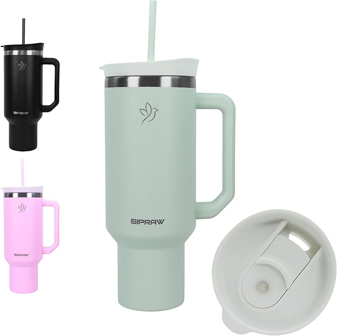 Tumbler with Handle, Insulated Tumbler with Lid and Straw, Stainless Steel Travel Coffee Mug, Cup Holder Friendly, Perfect for Camping, Travelling & Gifting, 40oz, Pastel green - Bloomnest