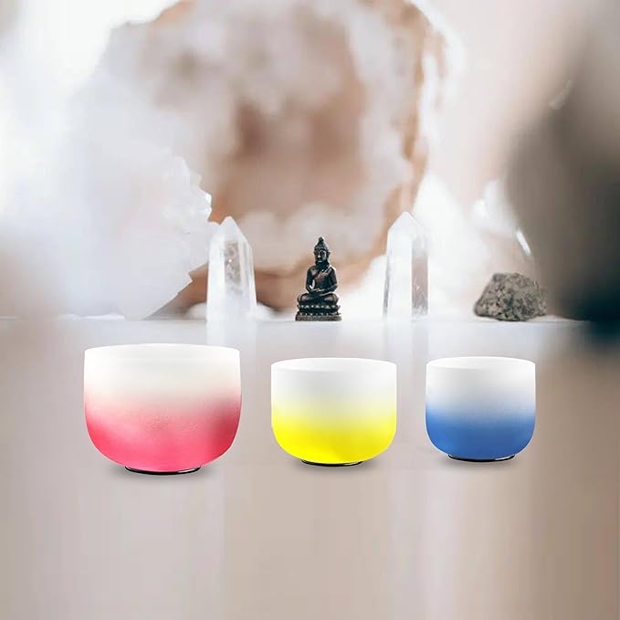 8-12 Inch Set of 3 Gradient Design Quartz Crystal Singing Bowl Chakra Set with Free Carrying Case and Suede Sticker & O-ring - Bloomnest