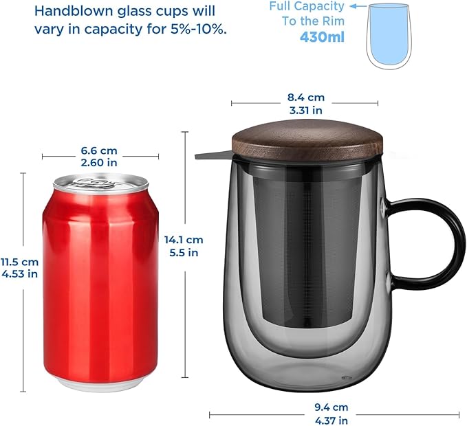 glastal Tea Infuser Mug 14.5oz Glass Tea Cup with Removable Stainless Steel Infuser and Lid, Double-walled Black Glass Tea Cup Teacup for Loose Leaf Tea, Birthday for Parents Dad Mum Friends Office - Bloomnest