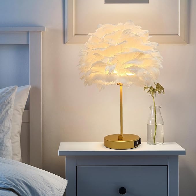 ZYLEIESENBAO Chic White Feather Lamp with USB Charging Port Modern Feather Table Lamp Cute Romantic Bedside Nightstand Light for Girl Room Childrens Room Living Room Entry Wedding Decoration - Bloomnest