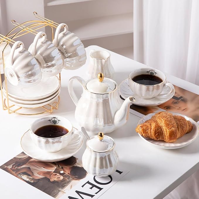 Porcelain Tea Sets British Royal Series, 8 OZ Cups& Saucer Service for 6, with Teapot Sugar Bowl Cream Pitcher Teaspoons and tea strainer for Tea/Coffee (Coral White) - Bloomnest
