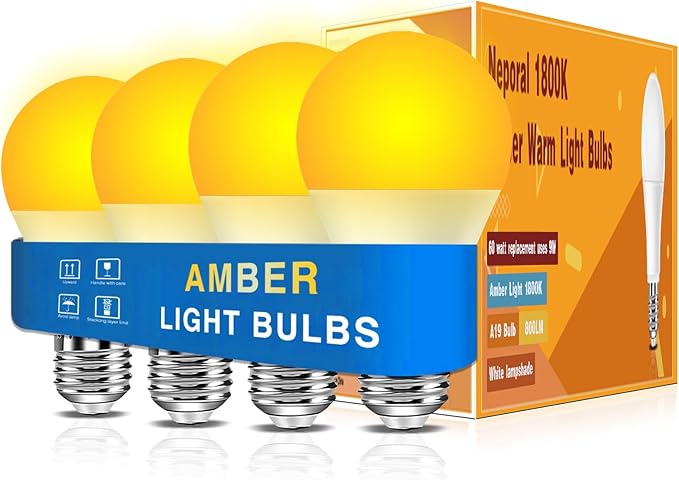 Neporal Amber Sleep Light Bulbs 1800K 4PK, 9W 60 Watt Equivalent, 99.96% Blue Blocking Soft Warm Light Bulbs A19, Amber Night Light E26 for Bedroom and Baby Nursery Light - Bloomnest