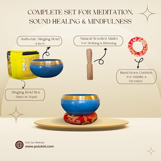 4” Tibetan Singing Bowl Set – Includes Handmade Cushion, Wooden Mallet & Hand-Stitched Case – Chakra Healing, Meditation Sound Bowl – Made in Nepal (Blue) - Bloomnest