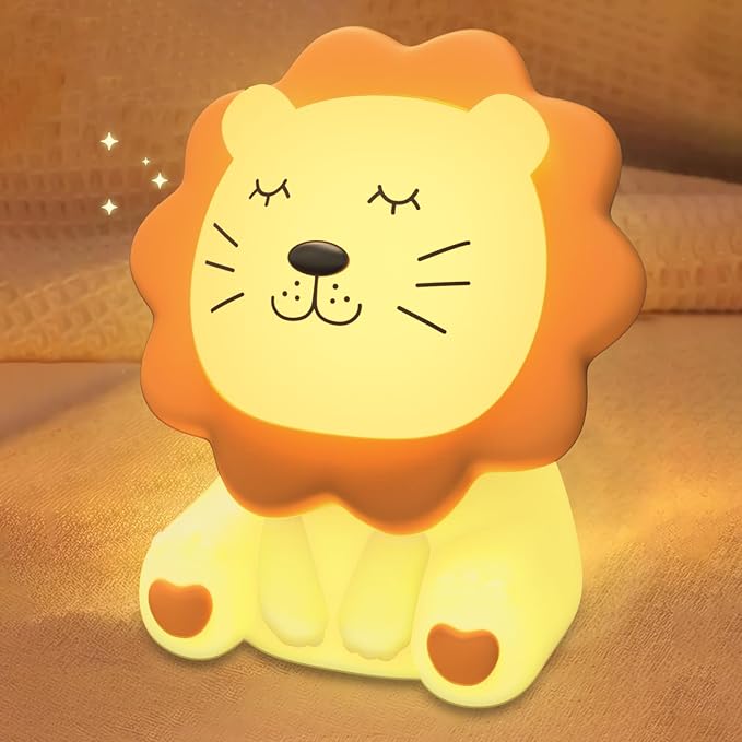 Night Light for Kids, 7 Colors Soft Silicone Kids Night Light with 3 Level Dimmable, Rechargeable Anti-glare Nursery Night Light with Warm White & Multicolor, Squishy Cute Lion Bedside Touch Lamp - Bloomnest