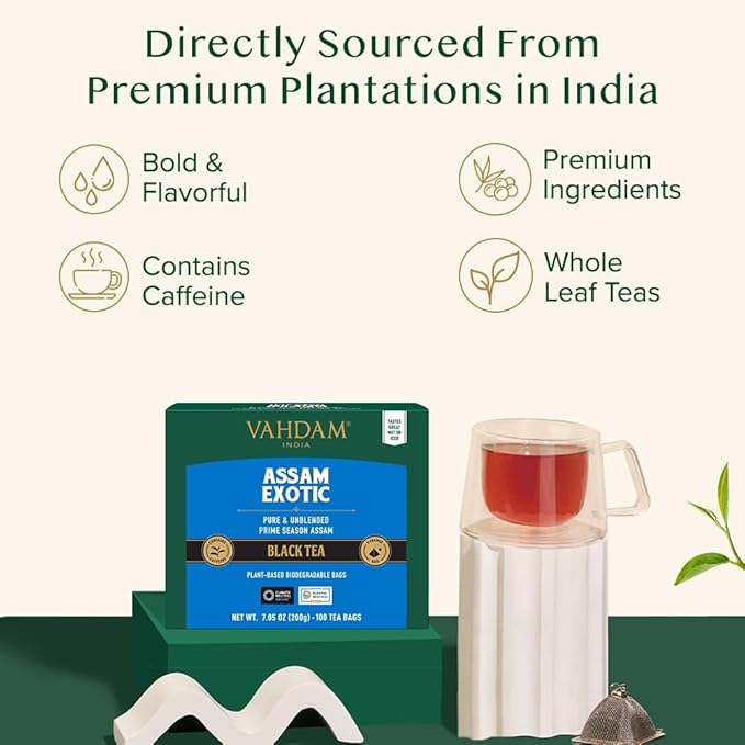 VAHDAM, Assam Exotic Black Tea Bags (100 Count) High Caffeine, Gluten Free, Full Bodied | Pyramid Tea Bags | Strong, Robust & Flavoury | Direct from Source - Bloomnest