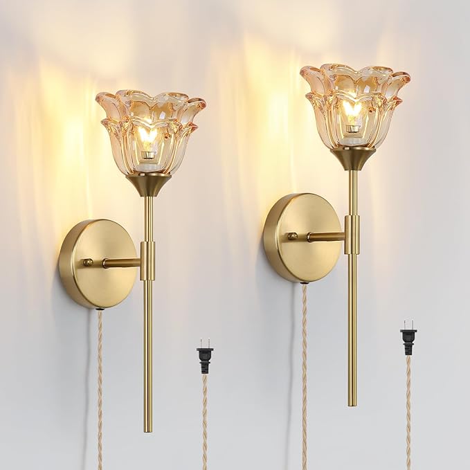 2 Pack Plug in Gold Wall Sconce with Modern Amber Glass Shades, Modern Mid Century Bathroom Vanity Wall Light Fixtures, Industrial Brushed Brass Wall Lamp, for Bedroom Mirror Living Room - Bloomnest