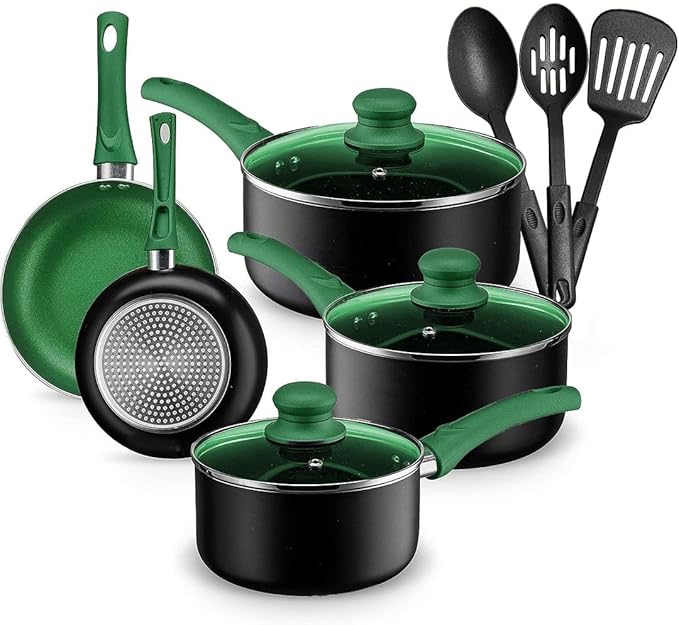 Chef's Star Pots And Pans Set Kitchen Cookware Sets Nonstick Aluminum Cooking Essentials 11 Pieces Green - Bloomnest