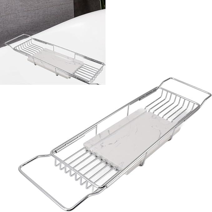 Haofy Expandable Bathtub Tray, Metal Marble Bathtub Caddy Tray, Bathtub Rack Shelf, Bathtub Rack Across Tub for Bathroom (Silver White) - Bloomnest
