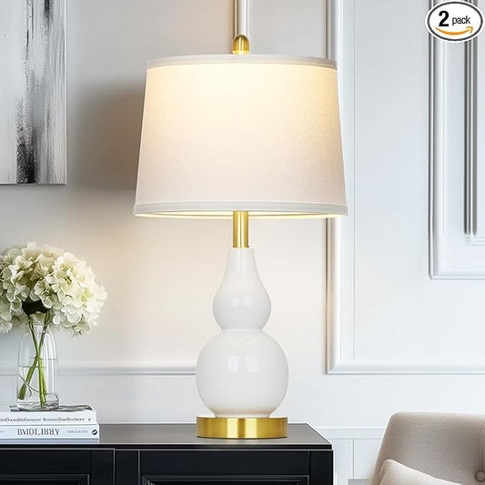 Ceramic Table Lamp for Living Room, 25" Modern Double Gourd Ceramic Lamp for Bedroom White Farmhouse Rustic Classic Bedside Lamp with Round Fabric Shade for Night stand Desk End Tables(Bulb Included) - Bloomnest