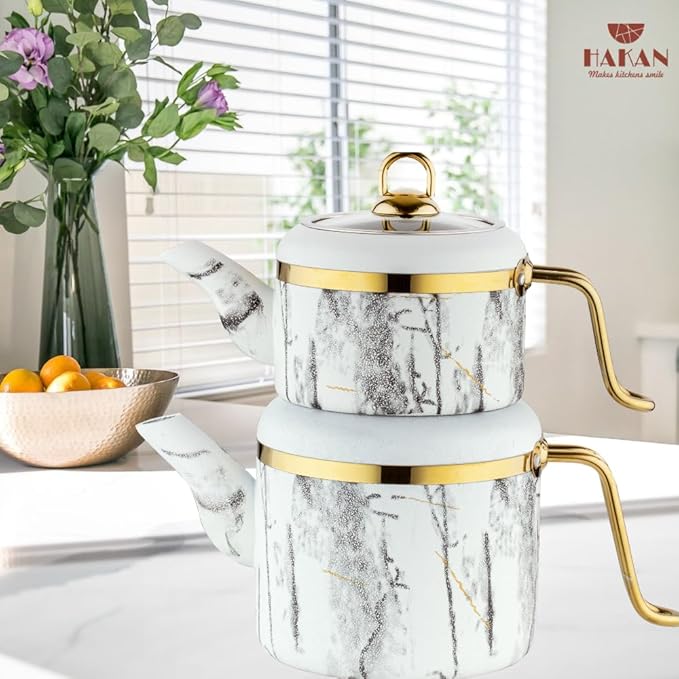 Hakan Melody Turkish Tea Pot Set | 3.5 L Tea Kettles for Stovetop with Stainless Steel Handless and Glass Lid | Aluminum Body Tea Maker | Double Stovetop Kettles with Granite Cover, White 3.6 qt - Bloomnest