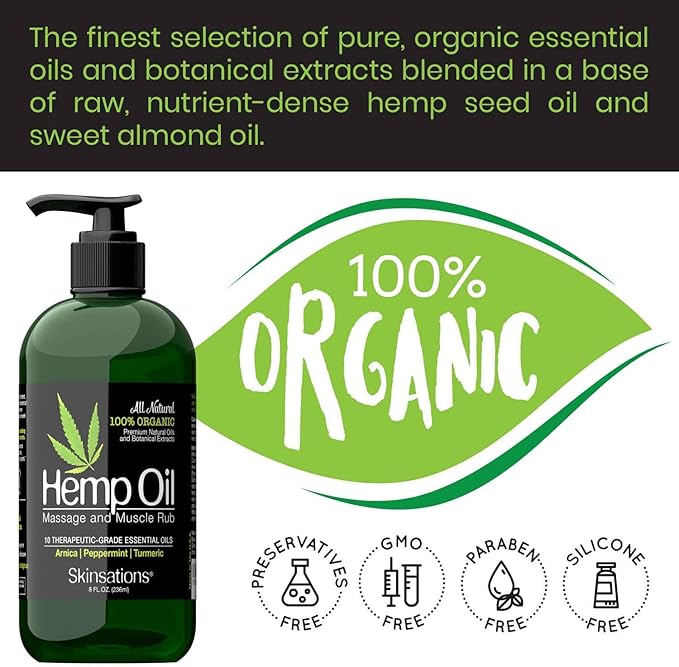Skinsations – Hemp Massage Oil & Sore Muscle Rub | 100% Organic, 10 Essential Oils for Natural Relief, Arnica, Turmeric, Peppermint, Lavender in a Sweet Almond Oil and Hemp Seed Oil Base - Bloomnest