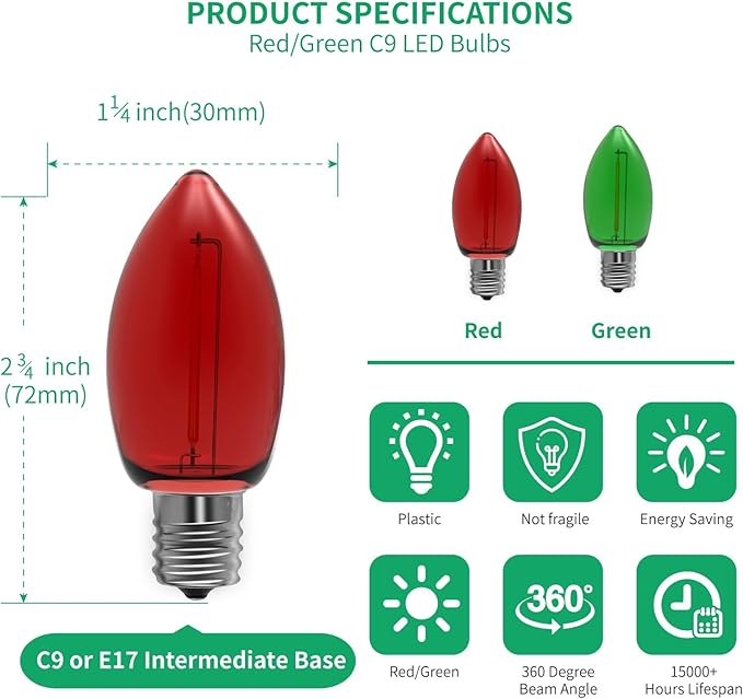 Meconard C9 Led Replacement Christmas Light Bulbs, C9 Shatterproof Led Bulbs for Christmas Indoor Outdoor String Lights, Mini Bulb Intermediate E17 Base Decor Red Light Bulbs Green Light Bulb, 25 Pack - Bloomnest
