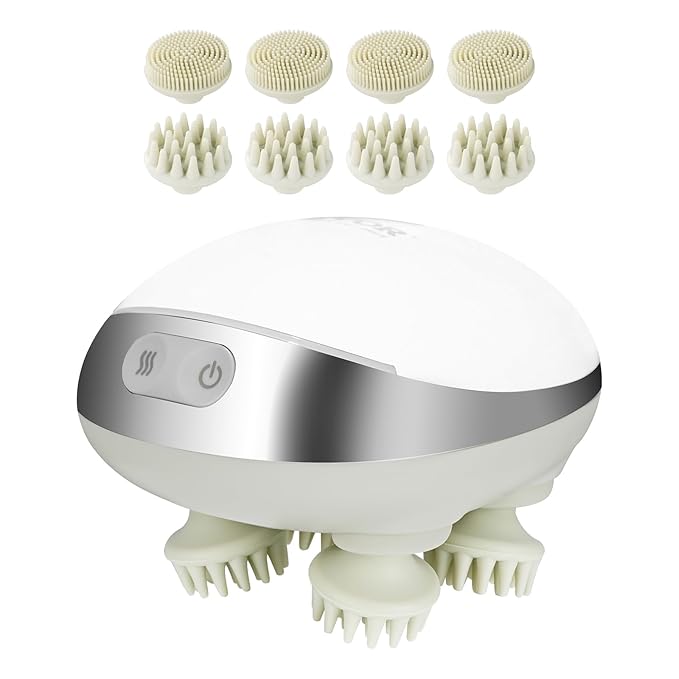 VEVOR Electric Scalp Massager with Heat, Rechargeable Heated Head Massager, IPX7 Waterproof | Portable Kneading Scalp Scratcher with 8 Removable Massage Head for Hair Growth, Deep Clean, Stress Relax VEVOR