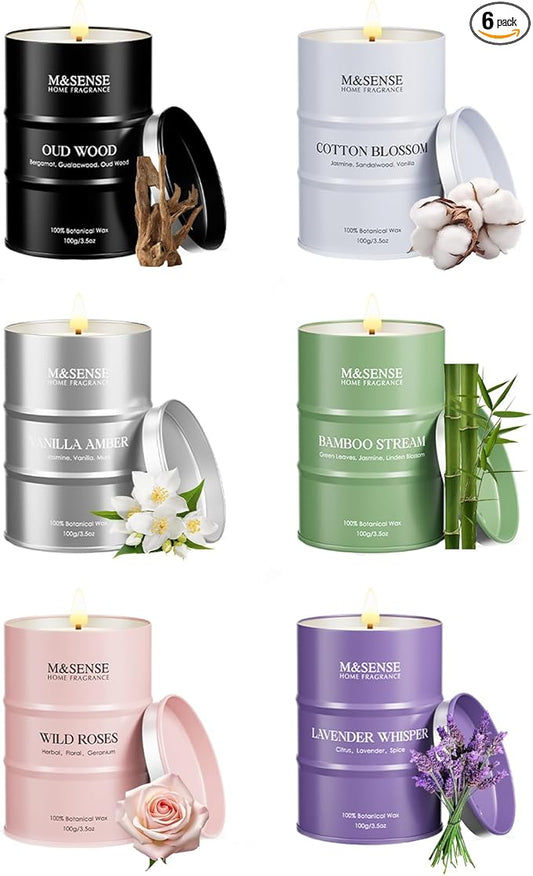 Fall Candle Gift Set | Mini Scented Candles Set | 6 Pack Candles for Home Scented,Oud Wood,Cotton Blossom,Vanilla Amber,Bamboo Rose Lavender Candle,Gift Set for Women and Men,Soy Wax 21 oz 105 Hour - Bloomnest