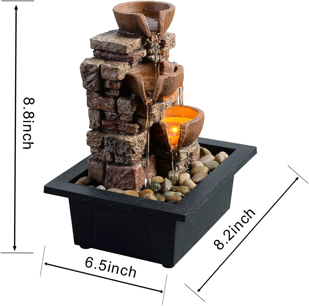 Indoor Tabletop Fountain 3-Tier Rockery Relaxation, Soothing Sound Home/Office/Bed Room Decor,Gifts for Mom/Grandma Relaxing Waterfall Meditation Tabletop Fountain LED Lights