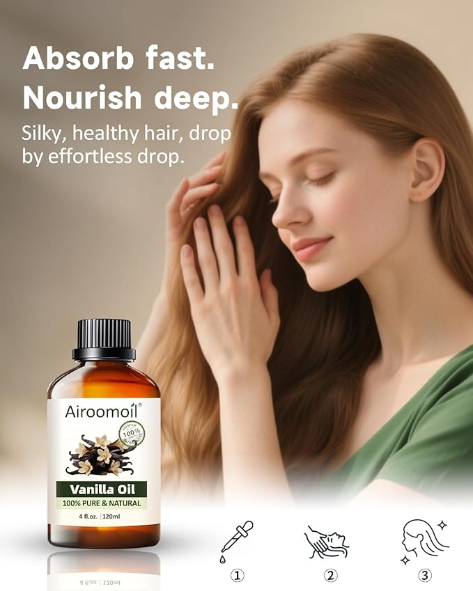 Vanilla Essential Oil for Diffuser & DIY, 100% Pure Natural Vanilla Oil, Warm Soft Scent, Large 4 fl oz for Candle Making, Soap, Perfume, Room Aroma, Adjustable Intensity, Glass Dropper Airoomoil