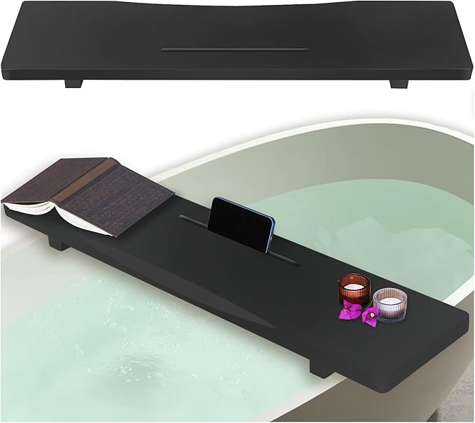 Stylish Black Bamboo Bathtub Tray Caddy with Adjustable Legs, Minimalistic Design Bath Tray for Tub, Bathtub Accessories, Fits Most Free Standing Bath Tubs, Idea for Women - Bloomnest