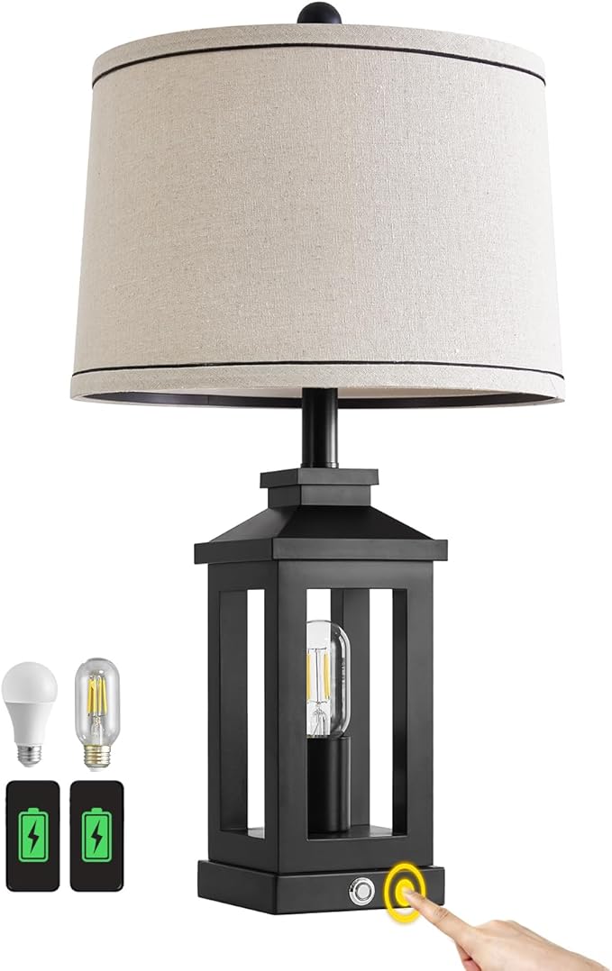 23.75" Retro Farmhouse Black Table Lamp for Living Room Bedroom Nightstand Single Pack Touch Control Bedside Nightlight Vintage Modern Lamp with USB C+A Ports and 2 Light Sources - Bloomnest