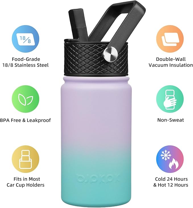 BJPKPK Insulated Water Bottle with Straw Lid, 15oz Cute Water Bottles, Stainless Steel Metal Thermo, Reusable BPA Free Leak Proof Tumblers, Cups,Lavender Mint - Bloomnest