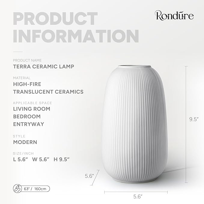 RONDURE 9.5" Modern Ceramic Table Lamp, Modern Bedside Lamps for Bedroom, Living Room and Nightstand, White Translucent Ceramic Shade, Warm Ambient Lighting, Home Decor - Bloomnest