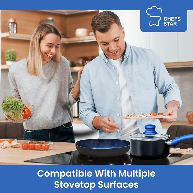 Chef's Star Pots And Pans Set Kitchen Cookware Sets Nonstick Aluminum Cooking Essentials 11 Pieces Blue - Bloomnest