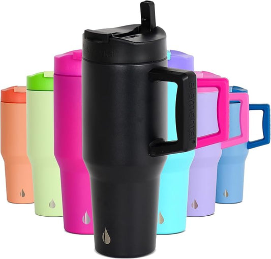 Elemental 32 oz 100% Leak Proof Tumbler with Handle & Straw - Stainless Steel Double Wall Insulated Tumbler for Hot and Cold Beverages - Travel Coffee Mug with Sip & Straw Lid - Black - Bloomnest