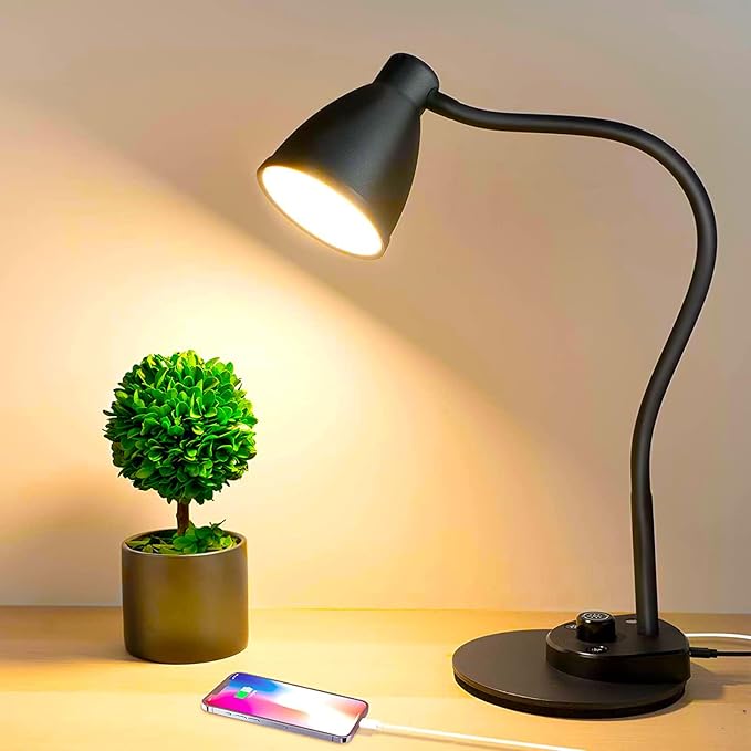 BOHON LED Desk Lamp with USB Charging Port 3 Color Modes Dimmable Reading Light Intelligent Induction Auto Dimming Task Lamp Flexible Gooseneck Table Lamp for Bedside Office, AC Adapter Include - Bloomnest