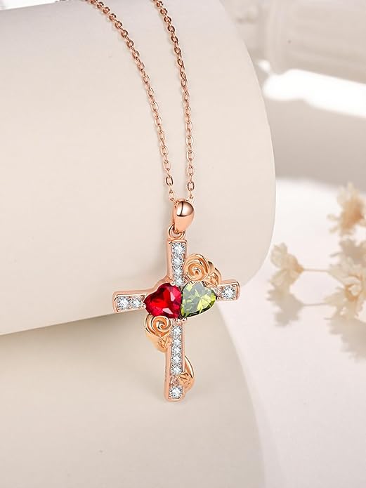 Rose Gold Dual Birthstones Cross Necklace for Women Rose Flower Jewelry Anniversary Christmas Mother's Valentine's Day Birthday Gift for Wife Girlfriend Mom - Bloomnest