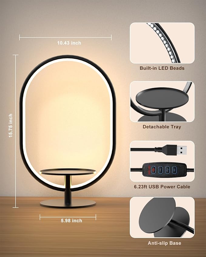 Modern LED Table Lamp with Storage Tray, Bedside Lamp with 3 Color Temperatures 10-Level Dimmable for Video Conference/Makeup/Streaming/Plants, LED Desk Lamp for Living Room Bedroom Office Decor - Bloomnest