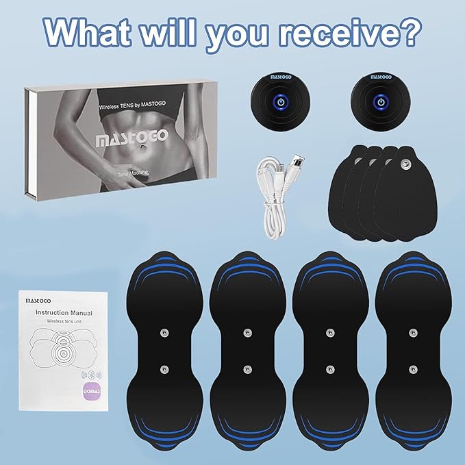 Wireless Tens Unit Muscle Stimulator - Two Sets of Tens Unit Massager for Pain Relief - Up to 12 Mode 20 Intensity Portable with App Controlled Bluetooth TENS EMS Muscle Stimulator Machine MASTOGO